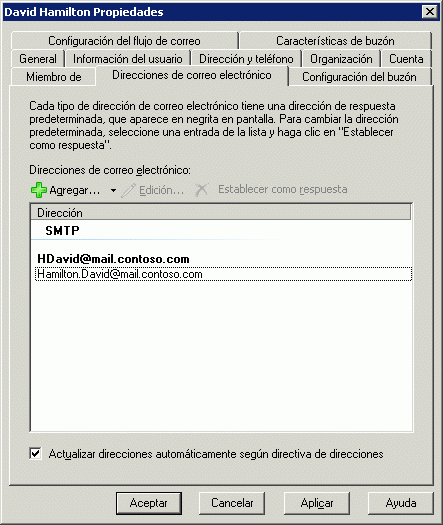 página de propiedades de la directiva de direcciones de correo electrónico