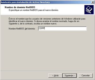 Instalación de Active Directory, nombre de dominio NetBIOS
