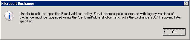 Error de actualización de filtro de directivas de direcciones de correo electrónico