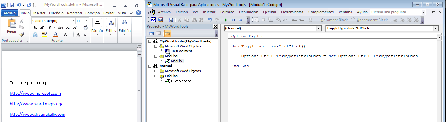 Pantalla dividida del documento y el Editor de Visual Basic