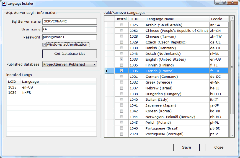 Simulación de los idiomas instalados en Project Server