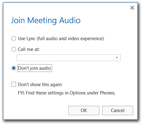 ventana de audio de Lync no se une a la reunión. Captura