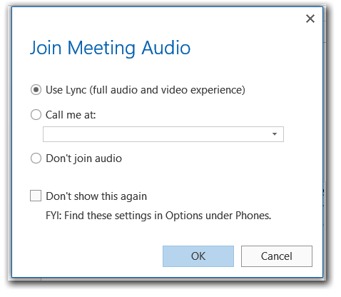 Captura de pantalla usar Lync para unirse a la ventana de audio de la reunión