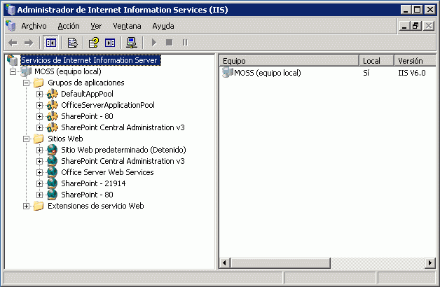 Administrador de IIS después de instalar WSS en 1 servidor