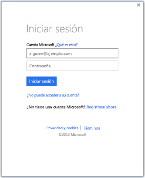 Una captura de pantalla con una ventana de inicio de sesión que le permite iniciar sesión en Office 2013 con un ID de cuenta de Microsoft.