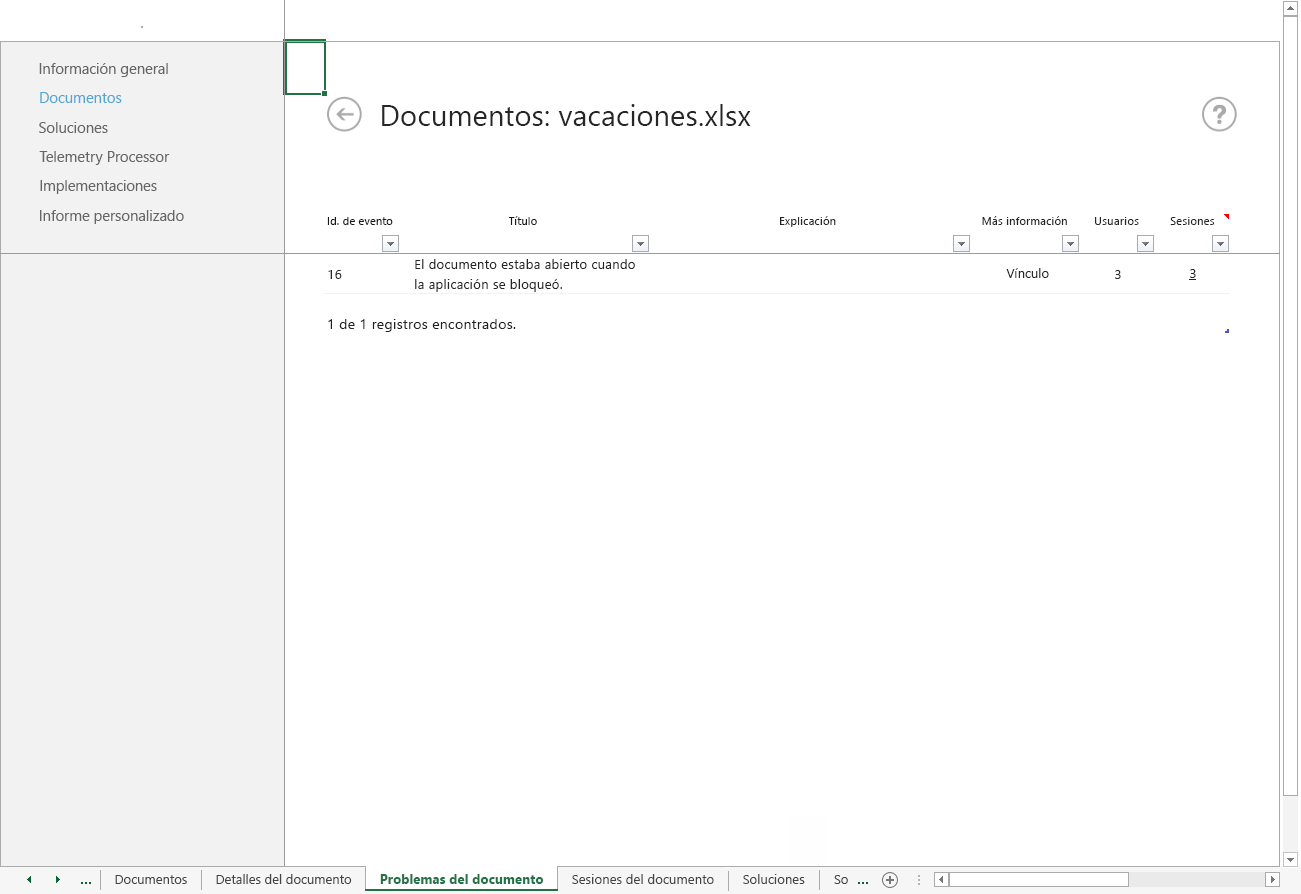 Una captura de pantalla de la hoja de cálculo Problemas de documentos del Panel de telemetría de Office.