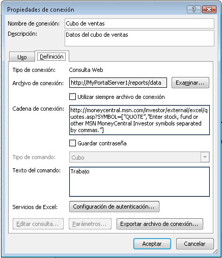 Configuración de propiedades de conexión de Excel Services