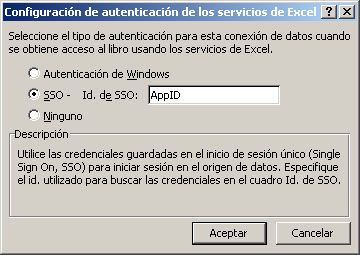 Cuadro de diálogo Configuración de autenticación de Excel Services