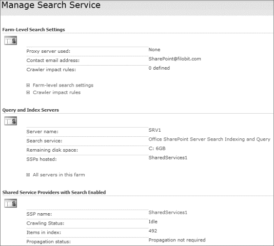 Página de administración de la configuración del servicio de búsqueda