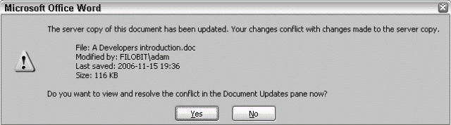 Cuadro de diálogo de notificación de cambio en la copia del servidor