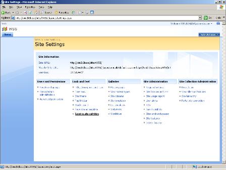Página Configuración del sitio de Windows SharePoint Server