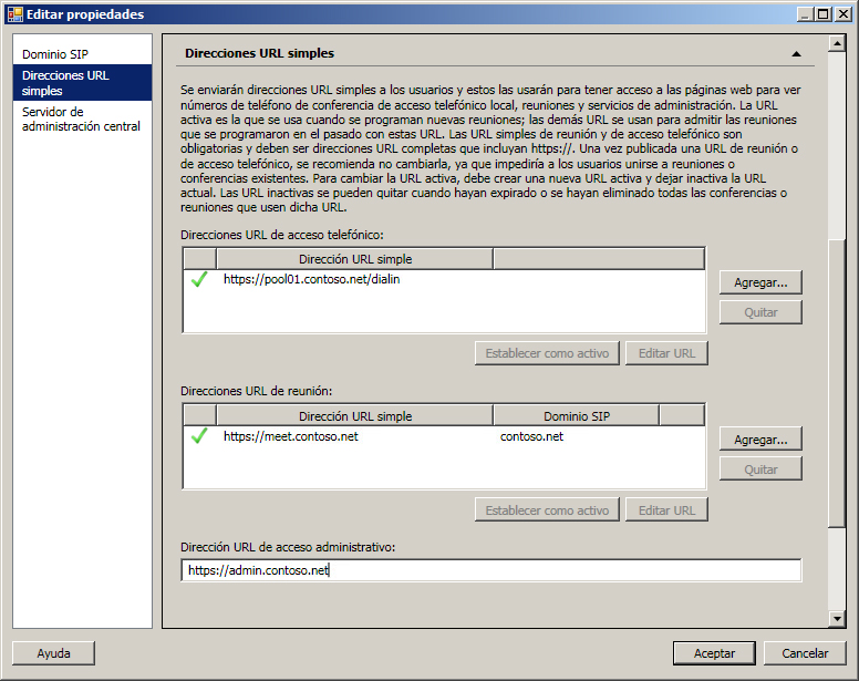 Cuadro de diálogo Dirección URL de acceso administrativo