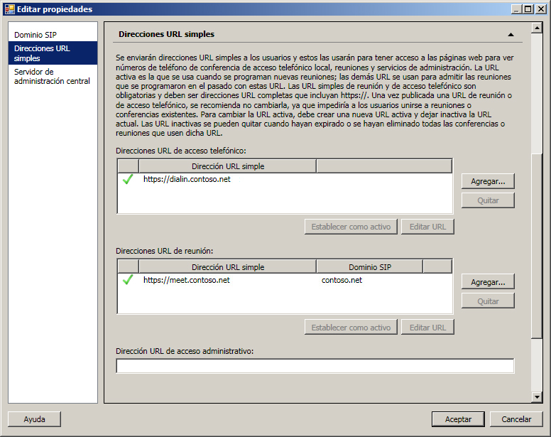 Página Direcciones URL simples del Generador de topologías