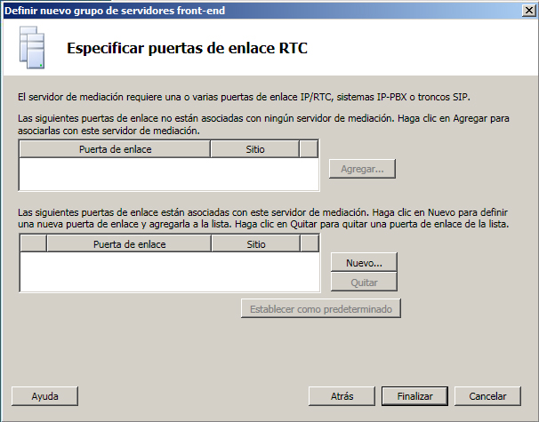 Grupo de servidores front-end - Especificar puertas de enlace IP/RTC