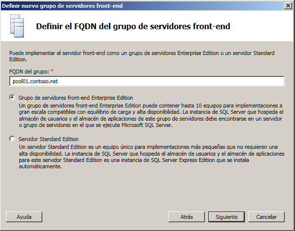 Definir el FQDN del grupo de servidores front-end