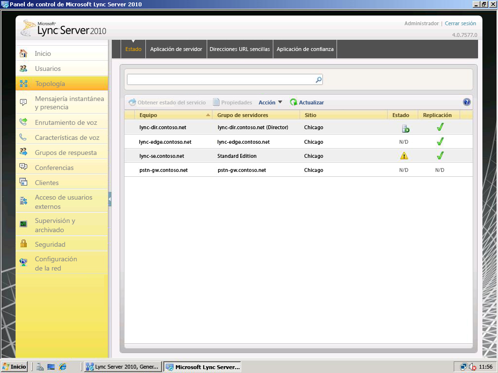 Página Topología del Panel de control de Lync Server