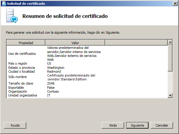 Cuadro de diálogo Resumen de solicitud de certificado