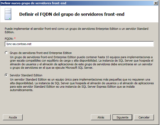 Cuadro de diálogo Definir el FQDN del grupo de servidores front-end