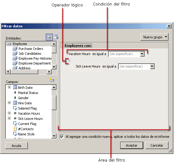 Cuadro de diálogo Filtrar datos