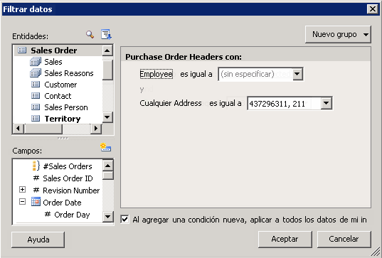 Diálogo Filtrar datos con los parámetros especificados.