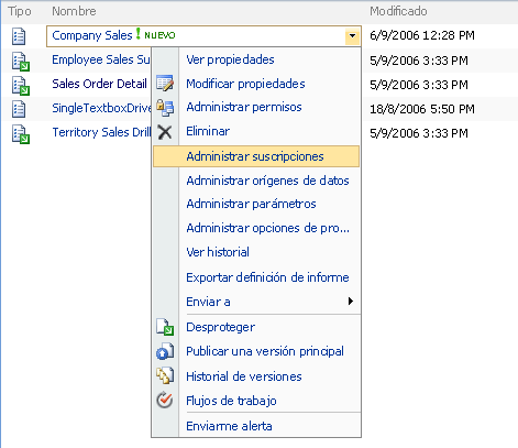 Elementos de menú para una definición de informe