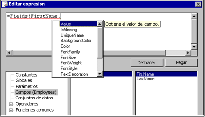 Cuadro de diálogo Editar expresión con Intellisense