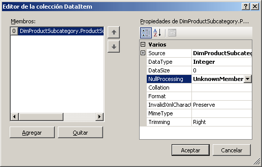 Cuadro de diálogo Editor de colecciones DataItem