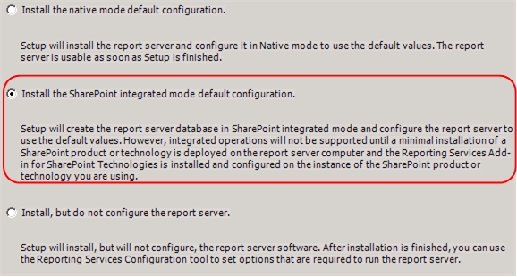 Página de configuración de SSRS del programa de instalación de SQL Server 2008 R2