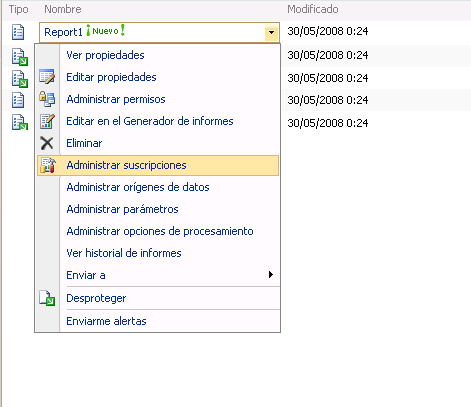 Comandos de menú para elementos del servidor de informes