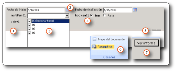 Parámetros de la barra de herramientas del visor de informe