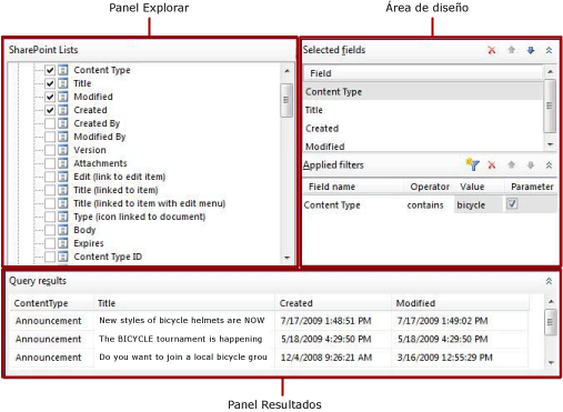 Diseñador gráfico de consultas para listas de SharePoint