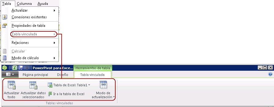 Asignar la ficha Tablas vinculadas de la cinta de opciones a los menús de Windows XP