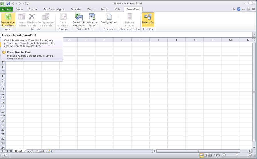 Ficha PowerPivot en la cinta de opciones de Excel