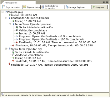 pestaña Progreso del Diseñador SSIS