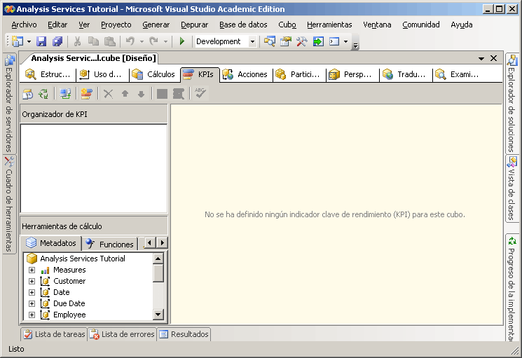 pestaña KPIs del Diseñador de cubos