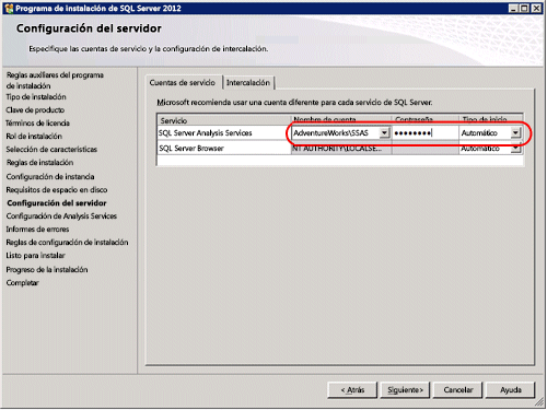 Página Configuración del servidor del Asistente para la instalación de SQL Server