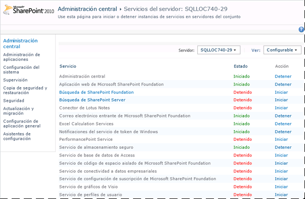 Captura de pantalla de la página Administrar servicios en el servidor