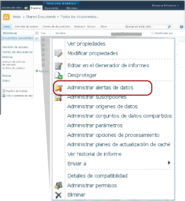 Abrir el Administrador de alertas desde el menú contextual del informe