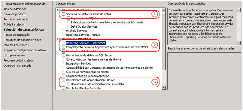 Selección de características de SSRS para el modo SharePoint