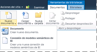 Submenú Nuevo documento en una biblioteca de SharePoint