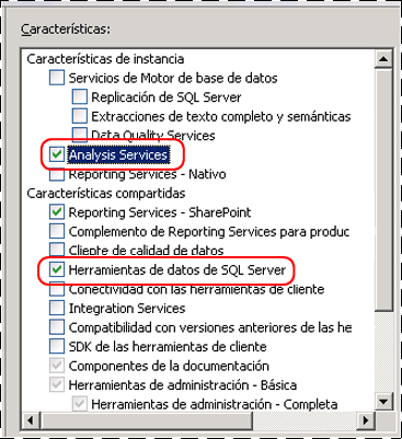 Árbol de características de instalación que muestra Analysis Services