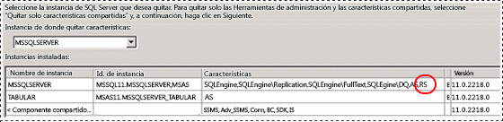 desinstalación de SQL seleccionar instancia
