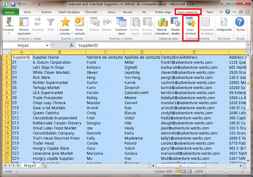 Excel - Pestaña de datos maestros - Botón Crear entidad