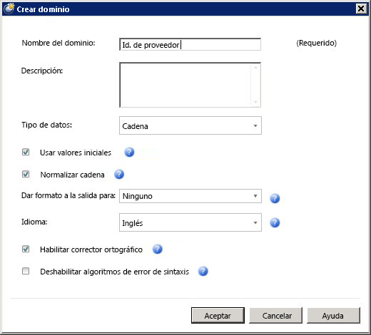 Cuadro de diálogo Crear dominio