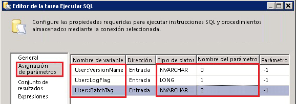 Editor de la tarea Ejecutar SQL - Asignación de parámetros