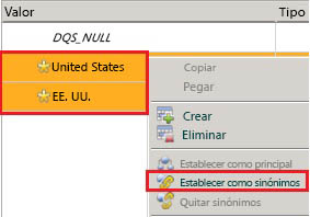 Menú Establecer como sinónimos