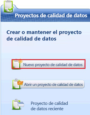 Botón de Nuevo proyecto de calidad de datos en la página principal