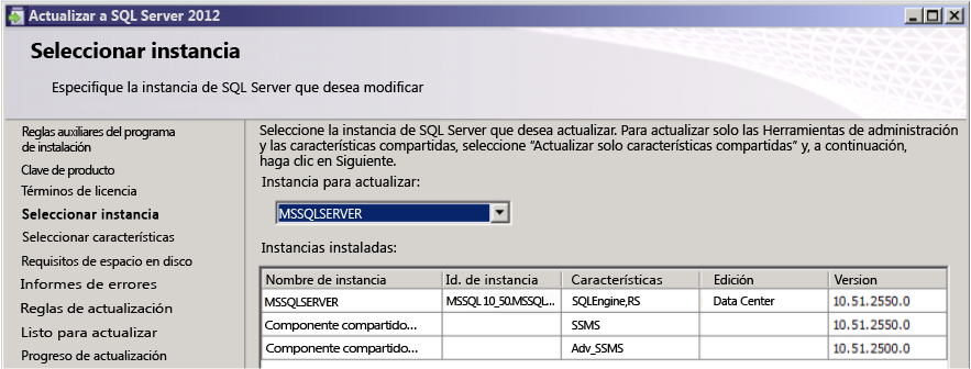 Interfaz de usuario de actualización de instalación integrada de sql server 2012 sp1