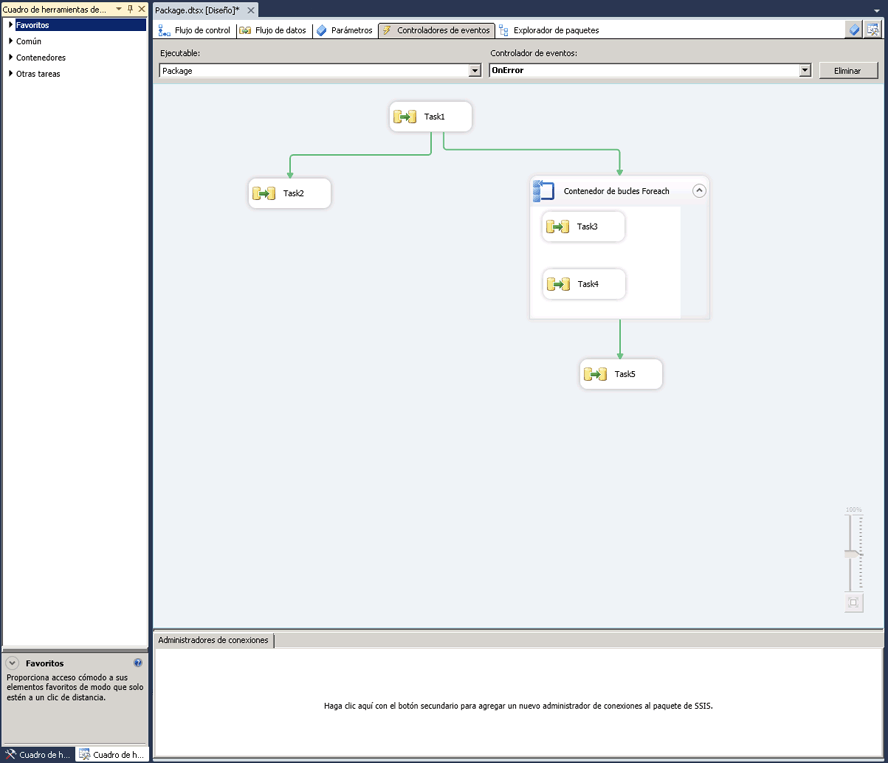 Captura de pantalla de la superficie de diseño con el controlador de eventos