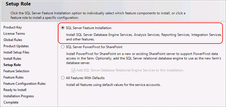 Instalación de la característica de SQL Server para el rol de instalación